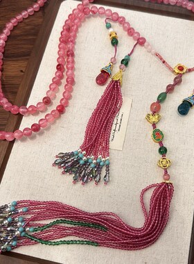 国潮桃花色斜挎项链多宝场流苏长款毛衣链女复古宫廷风项链