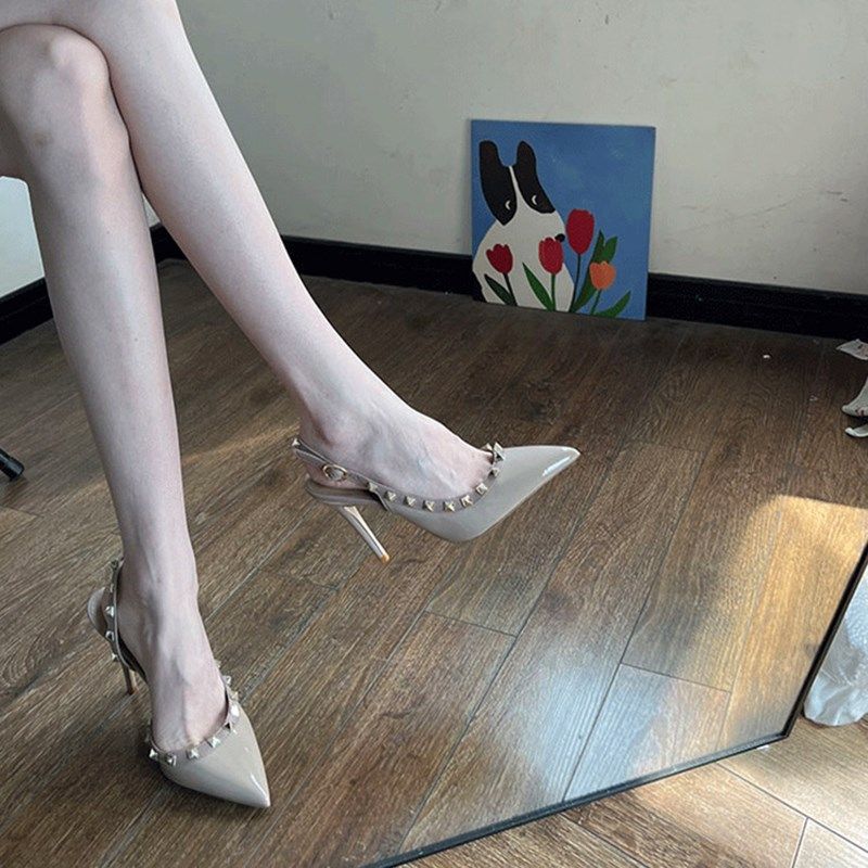 铆钉高跟鞋女2024年夏季新款尖头细跟裸色柳丁不累脚网红凉鞋单鞋,女鞋,时装凉鞋,淘宝优惠券,粉丝福利购,淘宝优惠卷