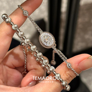 超级重工!手链两件套银色拉丝球球手串女椭圆刻花手链手饰品百搭