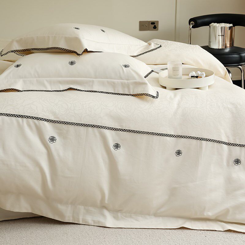 轻奢纯白色60支澳棉提花水洗花边全棉四件套素描玫瑰全棉被套床单