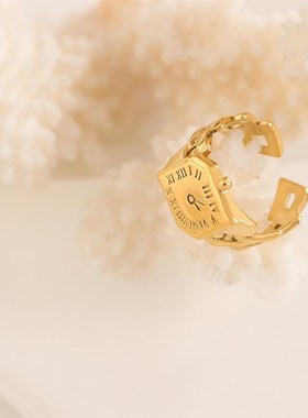 个性时尚流行开口戒指女生时钟铜材质饰品设计戒指通勤款简约指环