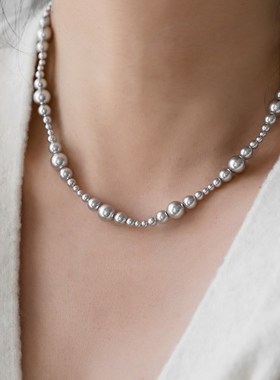 小众设计真多麻灰珍珠间隔串珠潮酷个性复古项链女卫衣配饰礼物
