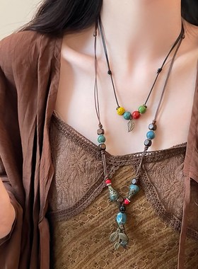彩色陶瓷串珠树叶编绳项链女新中式民族风锁骨链复古国潮配饰颈链