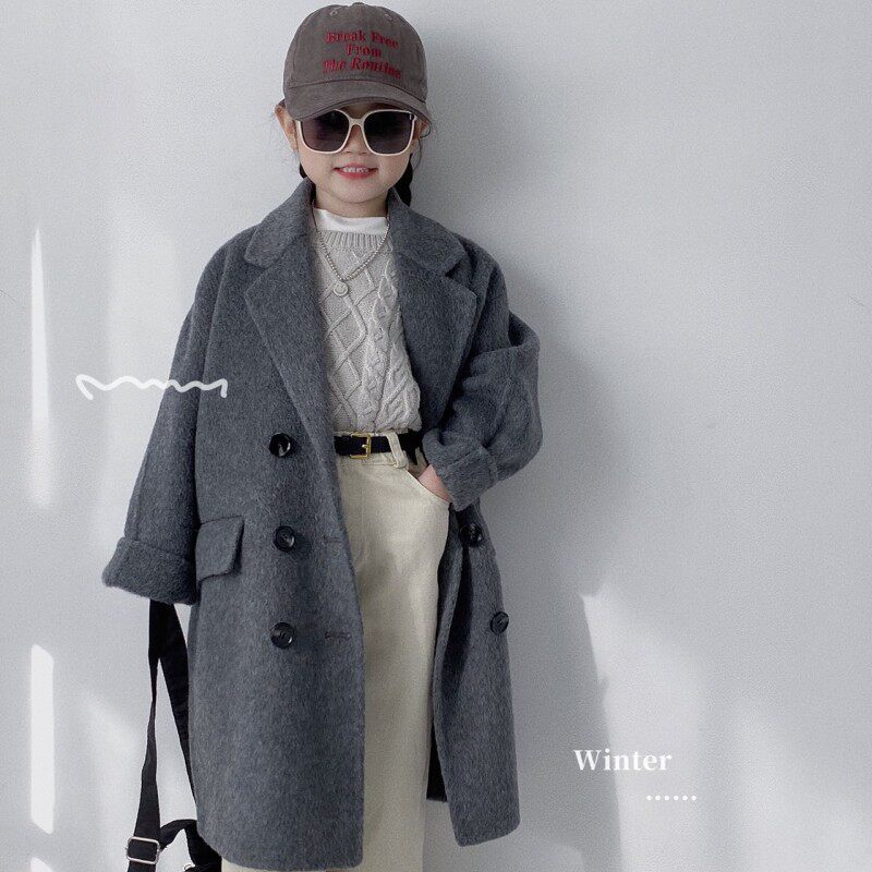 秋冬新款儿童双面100%羊毛男女童羊绒呢大衣西装领中长版婴幼儿外