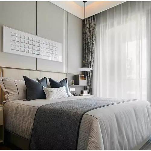 样板房床上用品现代轻奢蓝色抱枕银高级灰腰枕搭毯多件套