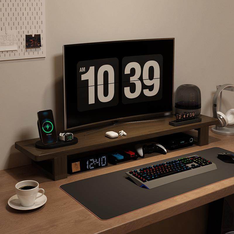 电脑架办公室桌面收纳显示器垫高底座托架实木简易置