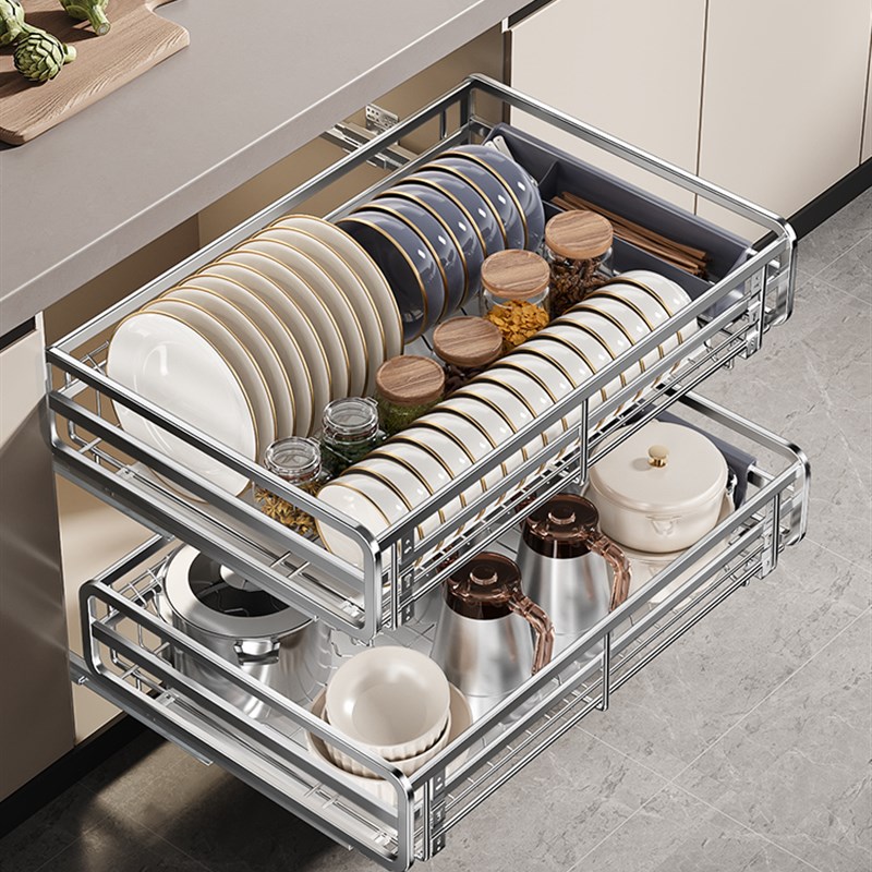 卡贝拉篮碗碟篮厨房橱柜304不锈钢双层抽屉式碗架储W物收纳调味篮