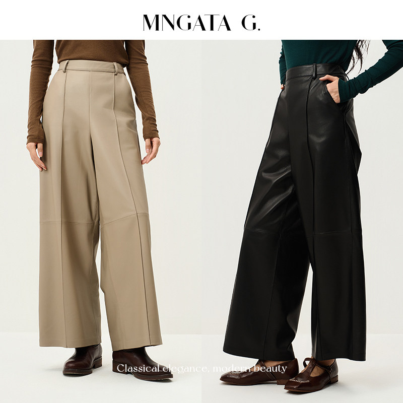 MNGATA G./曼加塔【扶光】进口山羊皮裤织带直筒设计百搭皮裤