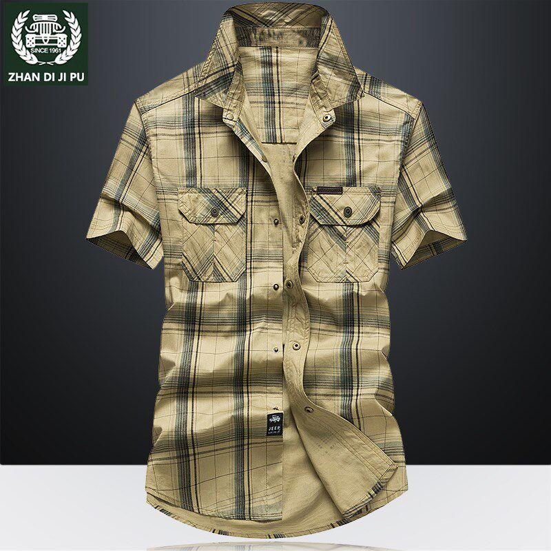 夏季户外休闲工装衬衫男短袖寸衫宽松大码加肥纯棉衣服男格子衬衣