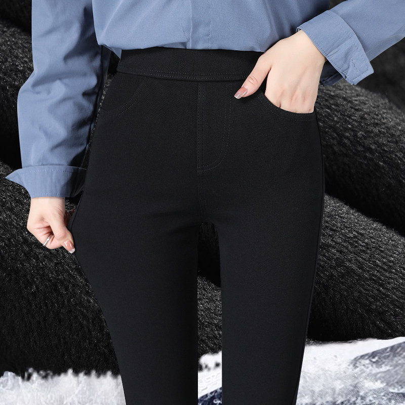 松紧腰打底裤女外穿秋冬2021新款加厚小黑裤弹力黑色小脚加绒裤子