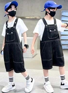幼儿园班服儿童黑色背带裤夏季牛仔短裤套装男女童夏装帅气吊带裤
