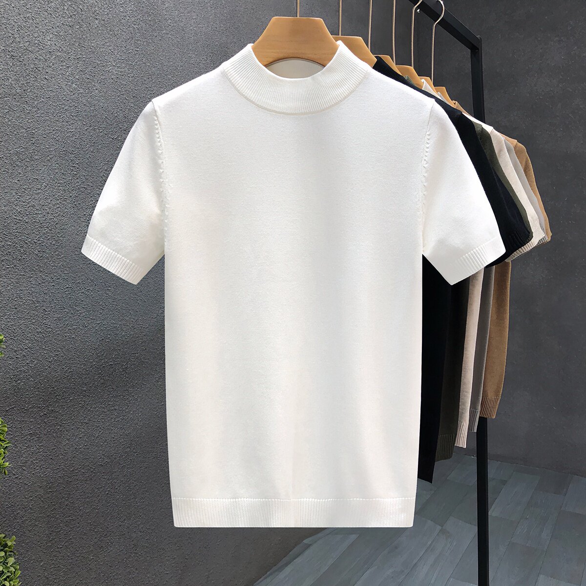 时尚帅气半高领短袖毛衣男潮牌修身内搭针织衫2024冬季新款打底衫