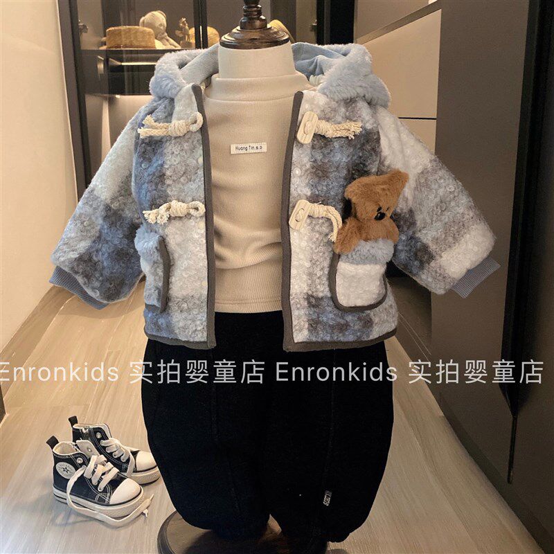 男童韩版冬季外套呢料连帽保暖外出服宝宝夹棉衣服加绒打底衫裤子