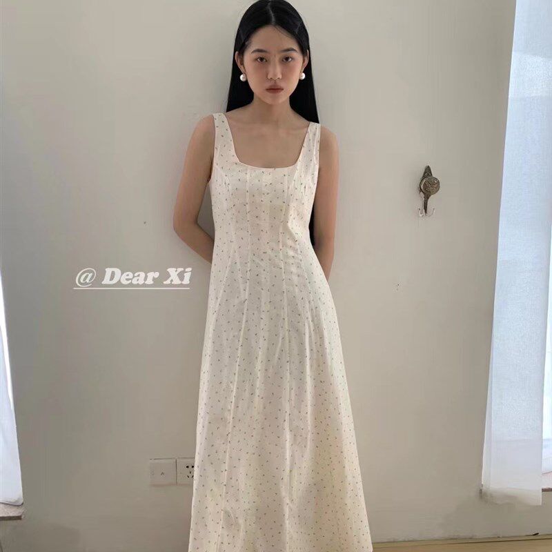 日了个韩度假风小清新收腰显瘦方领碎花背心连衣裙拼接长裙女