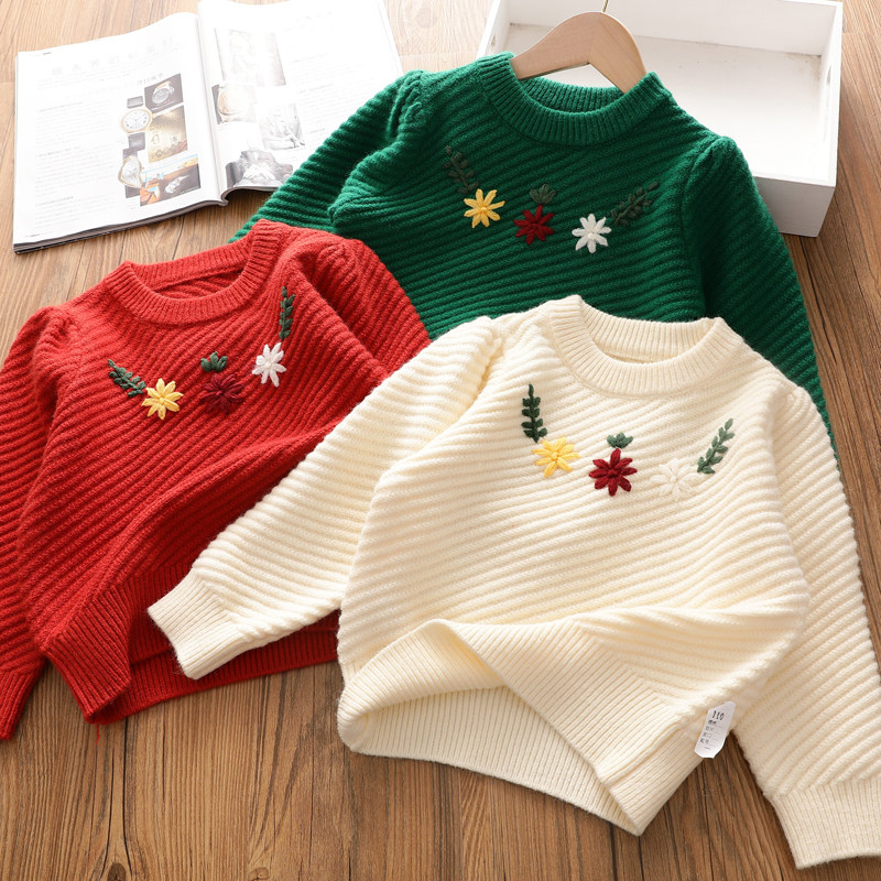 女童复古针织衫儿童装洋气绣花套头毛衣宝宝秋冬宽松打底上衣韩版