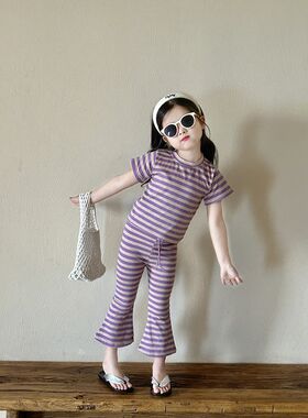 女童短袖套装夏季2024新款韩版洋气儿童条纹半袖上衣喇叭裤两件套