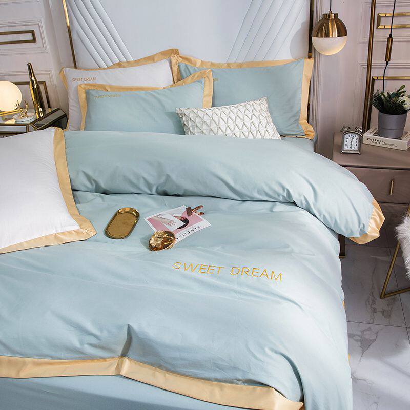 床上纯棉四件套纯色轻奢风绣花被罩床单全棉1.8/2m床笠款双人床品