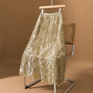 法式 高级感网纱长裙气质大摆伞裙潮 复古重工蕾丝刺绣半身裙女夏季