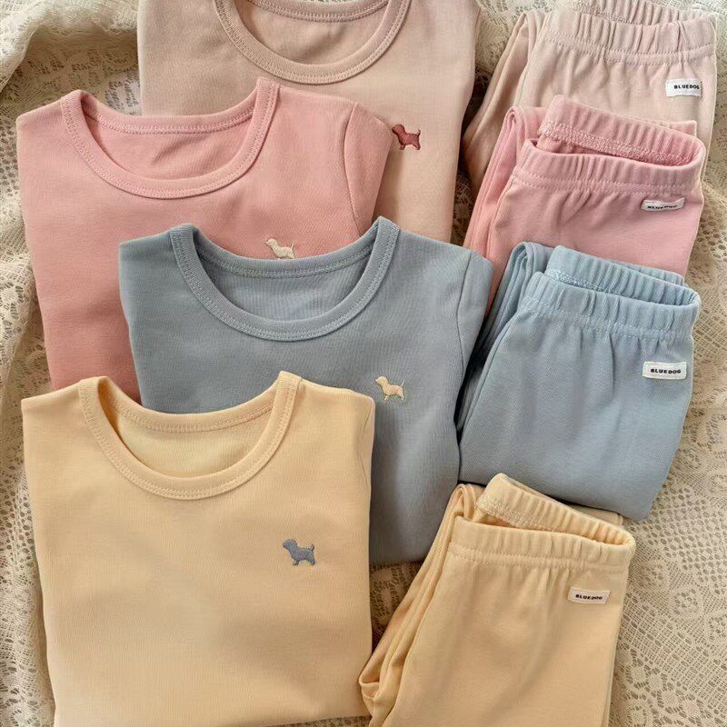 韩国童装 24冬新款男女童宝纯棉柔软纯色圆领家居服套装 睡衣内衣