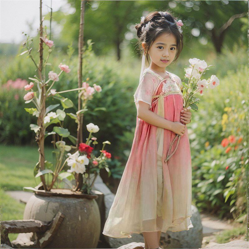 汉服女童轻薄唐代襦裙中国风古装夏季新款短袖粉色超仙女连衣裙