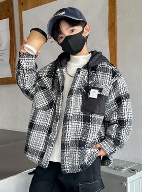 男童冬装外套2024秋冬新款儿童夹棉加厚冬季格子棉衣男孩连帽上衣