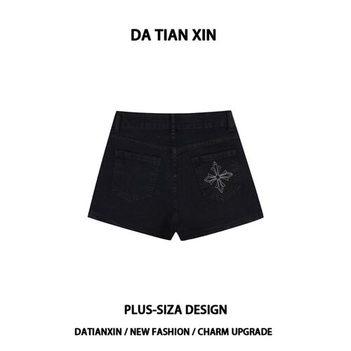 大码美式辣妹后贴袋十字花刺绣牛仔短裤女高腰显瘦百搭a字热裤子