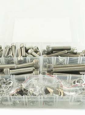 256pcs不锈钢304圆柱头内六角螺钉M6M8M10配平垫弹垫螺母扳手套装