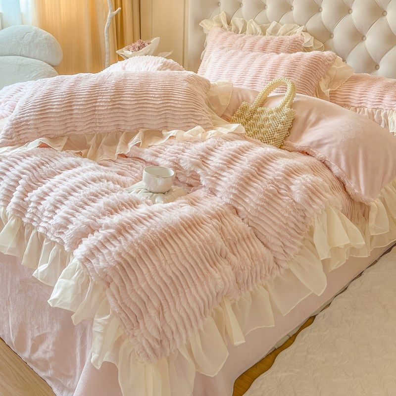 冬季粉色兔兔绒加绒四件套公主风双面珊瑚牛奶绒蕾丝被套床单少女,床上用品,床品套件/四件套/多件套,淘宝优惠券,粉丝福利购,淘宝优惠卷