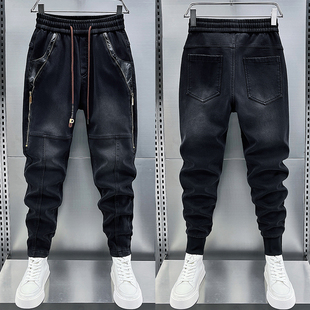 加绒加厚小脚牛仔裤男冬季个性男士松紧腰弹力拉链束脚休闲九分裤