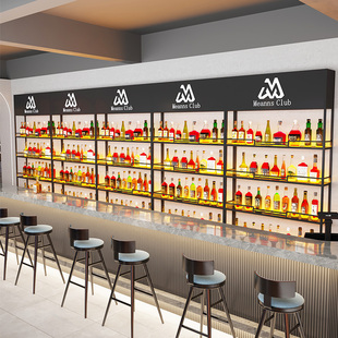 酒柜酒吧酒水架 吧台背景架酒架发光置物架红酒展示架工业风靠墙式