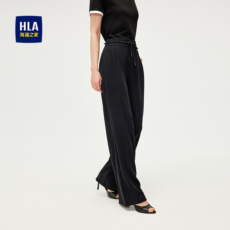 HLA/海澜之家坑条肌理休闲裤春秋新时尚松紧腰系带直筒裤女装