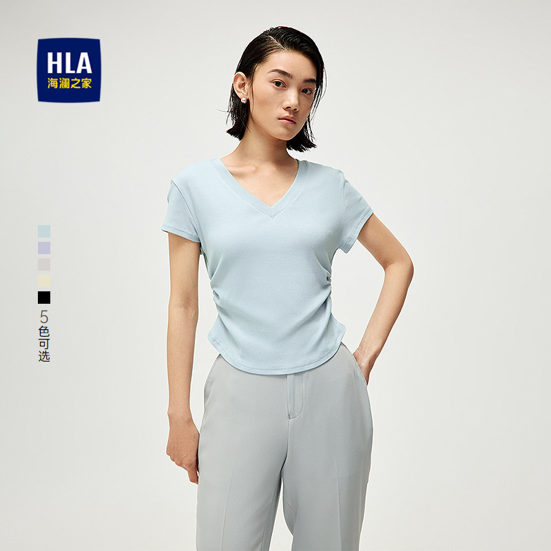 HLA/海澜之家时尚短袖T恤春夏新款V领柔软透气短袖女装