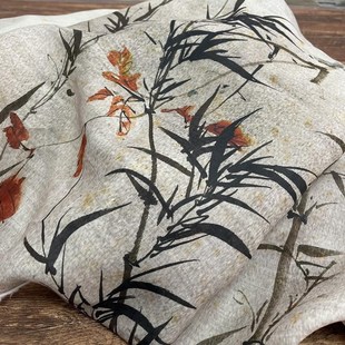 布久以逅高端苎麻染墨印花面料半身裙袍子汉服连衣裙布料新  墨竹