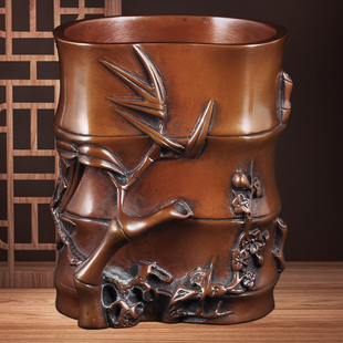 紫铜无瑕玉笔筒摆件家居客厅书房桌面装 饰品文房四宝高档商务礼品