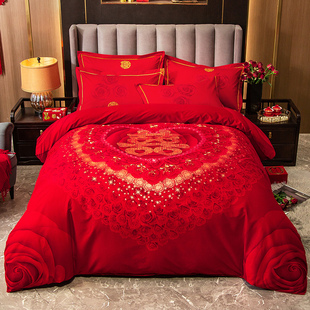 高档纯棉活性磨毛全棉加厚秋冬季 保暖四件套结婚庆大红色1.8m2米