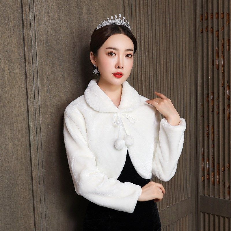 新娘结婚毛披肩白色红色长袖毛袄子伴娘秋冬保暖外套礼仪