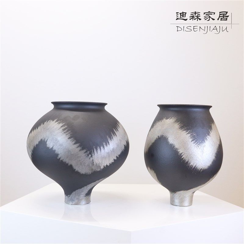 现代新中式黑色银水墨陶瓷花瓶侘寂桌面花器入户玄关软装陈设摆件,家居饰品,花瓶,淘宝优惠券,粉丝福利购,淘宝优惠卷