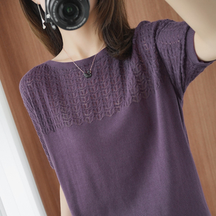 宽松半袖 2020年夏季 t恤女镂空气质韩版 纯棉针织短袖 亚麻上衣 新款