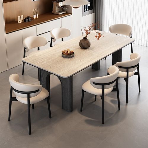 实木小户型意式极简洞石岩板长方形餐桌椅组合家用现代简约饭桌子