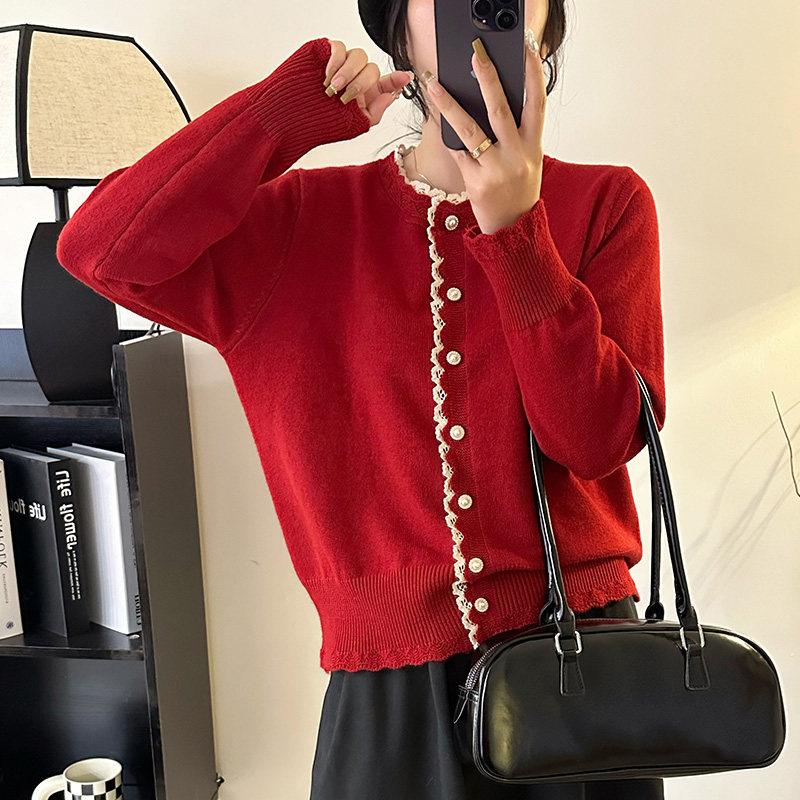 蕾丝红色开衫毛衣外套女款2024新款秋冬针织高级感小个子加厚女士图片
