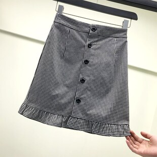 2025夏装 女裙子小格子木耳边下摆防走光小清新高腰短裙半身裙 新款