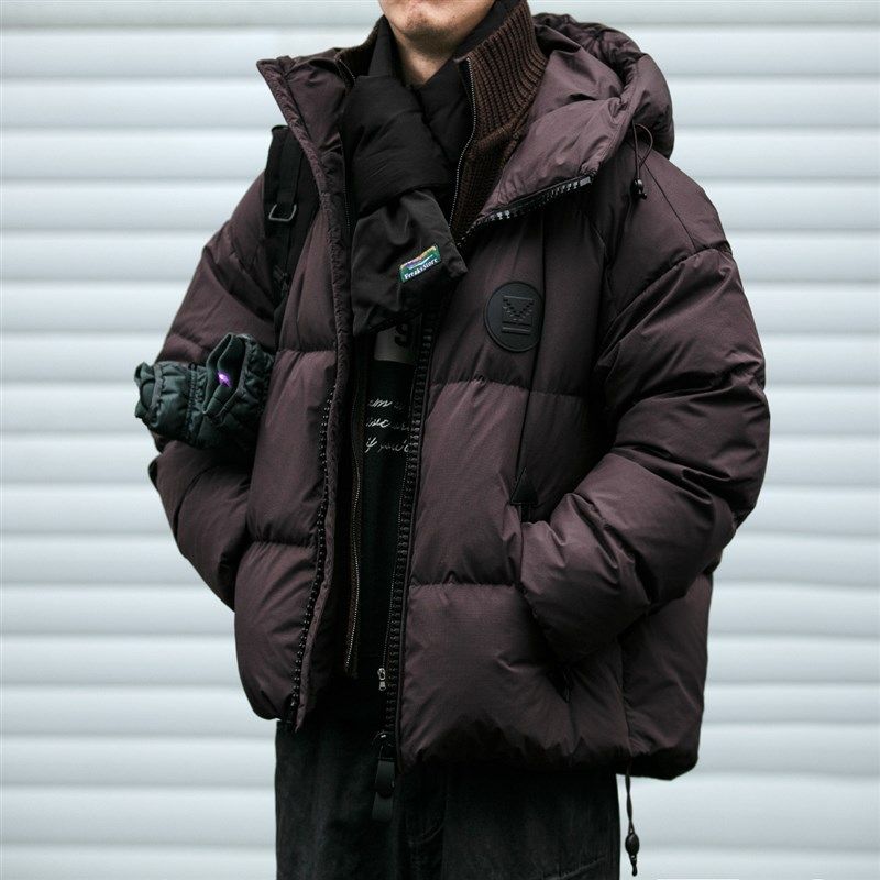 可脱卸假两件毛线领泡芙感羽绒服男冬季潮牌宽松加厚暗格纹外套潮