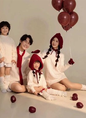 网红款亲子摄影主题照相服装影楼全家福新款白色麻花毛衣拍照童装