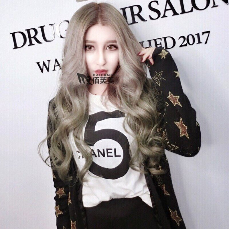 刘海假发韩国长卷发女士修脸大波浪实体娃娃逼真中分无蓬松奶奶灰