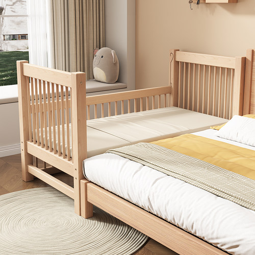 实木榉木儿童床拼接大床护栏可调节加宽床男孩女孩宝宝公主加宽床