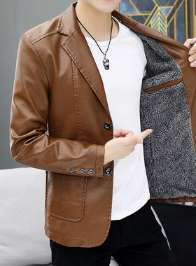 男式休闲西装外套2021新款皮西服青年商务修身机车皮衣PU男装夹克