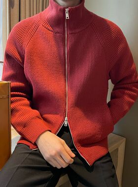 韩版红色加绒保暖学院风毛衣外套立领加厚款潮男双拉链针织衫夹克