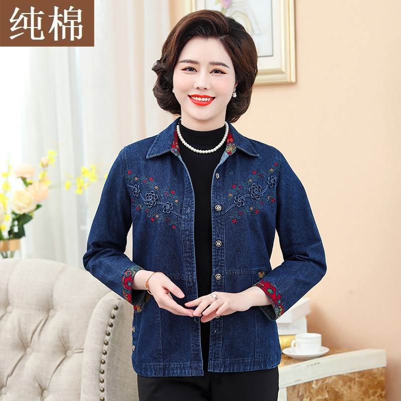 中老年女牛仔衣外套纯棉薄款宽松春秋季妈妈装全棉布夹克奶奶上衣图片