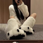 白色巨熊爪子棉靴秋冬季 超帮靴毛绒包跟居家室内地板保暖拖鞋 地板