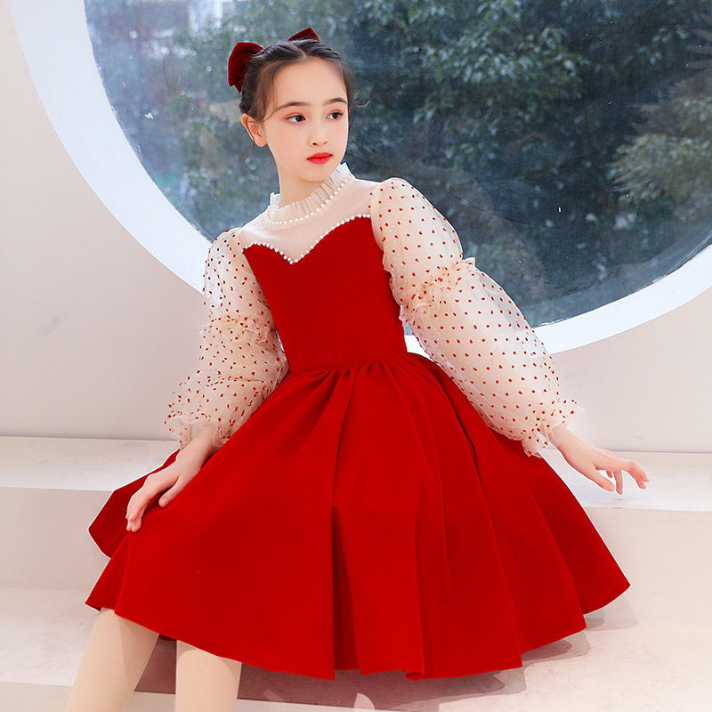 女童晚礼服公主裙儿童婚纱女孩蓬蓬纱小主持人钢琴演出服长袖轻奢
